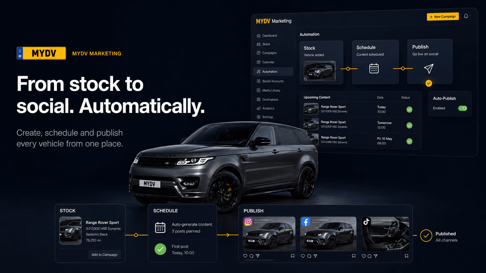 MYDV Marketing — vehicle stock automatically scheduled and published across Instagram, Facebook and TikTok